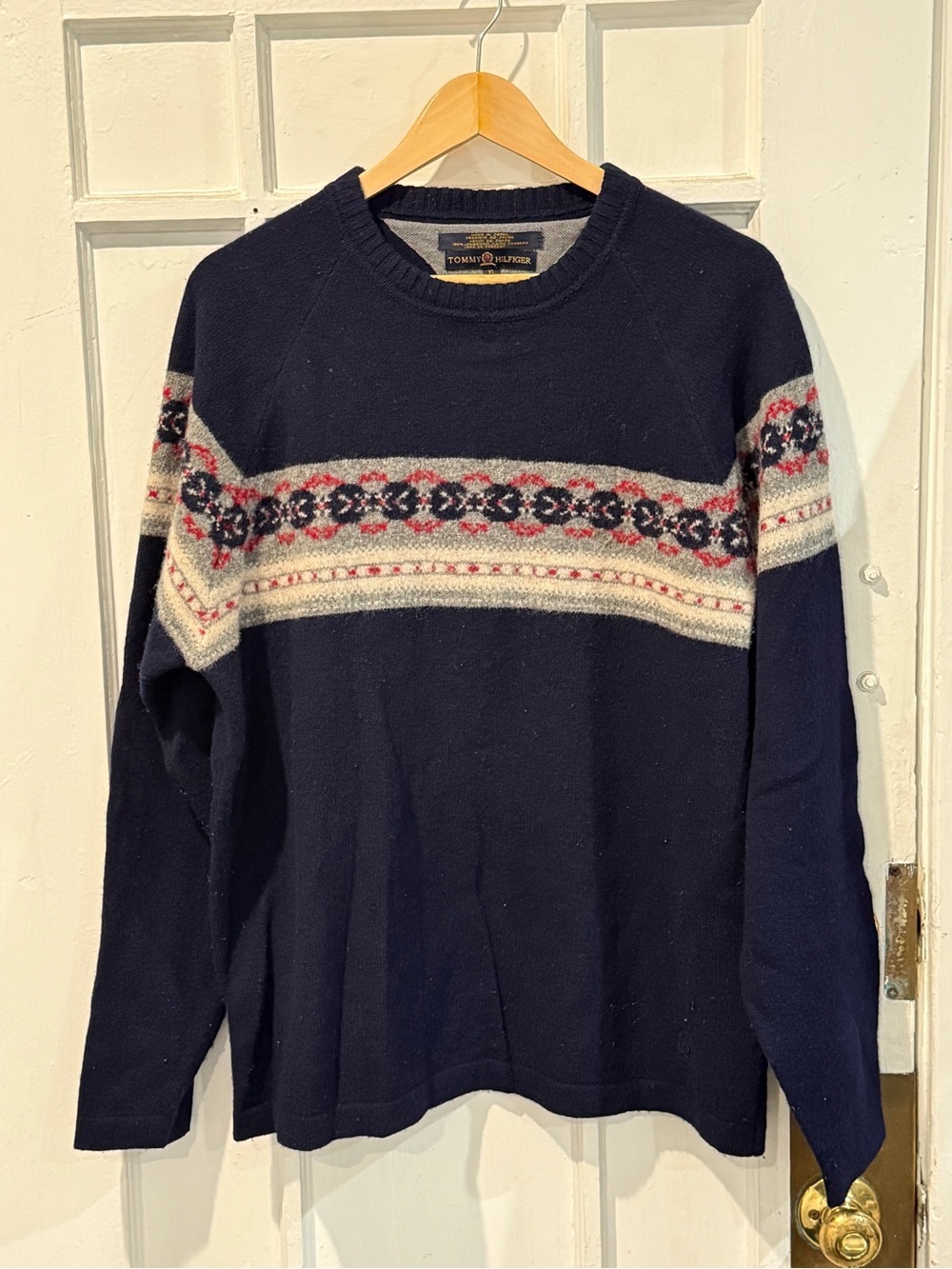 Tommy Hilfiger Navy Crewneck Sweater with Cream and Red Patterned Yoke